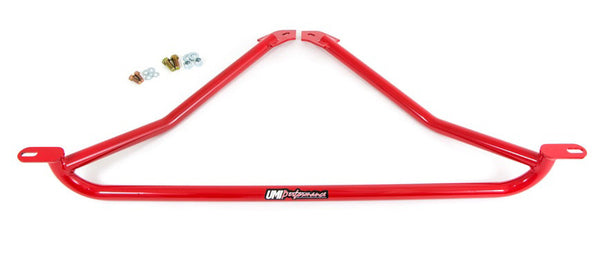 Improve your 1978–1988 GM G-Body's handling with the UMI Performance 3053-R Front Reinforcement Brace. Durable steel construction with a red powder coat finish enhances rigidity and reduces chassis flex.